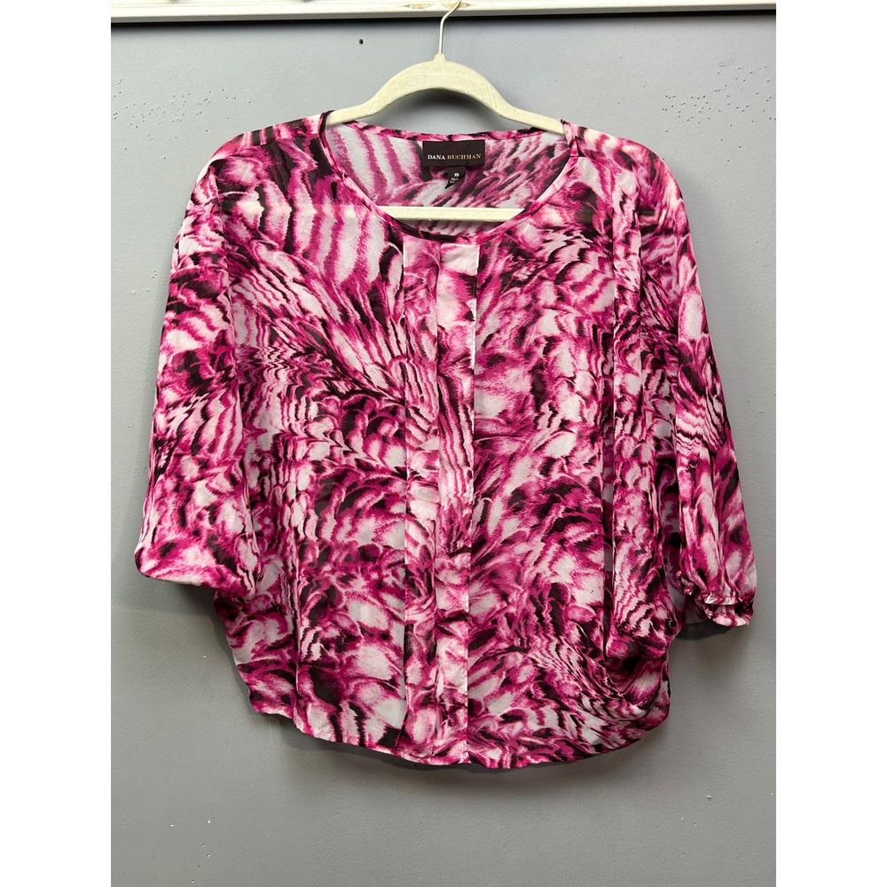 Dana Buchman Pink Abstract Print Dolman Sleeve Blouse Womens XS Sheer Bold‎